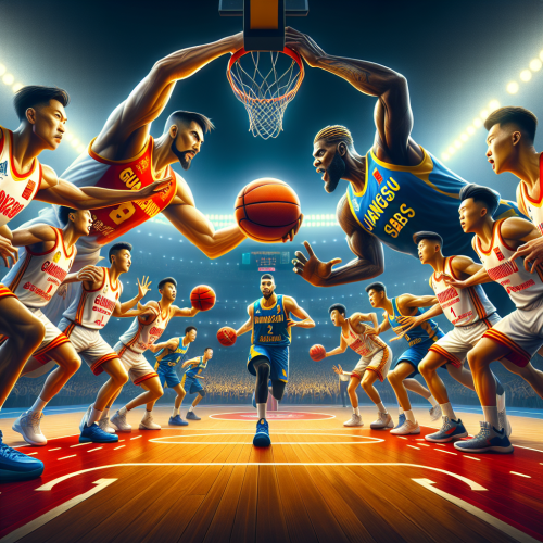 广州龙狮团队篮球攻防，江苏男篮外线投射寻找胜机。