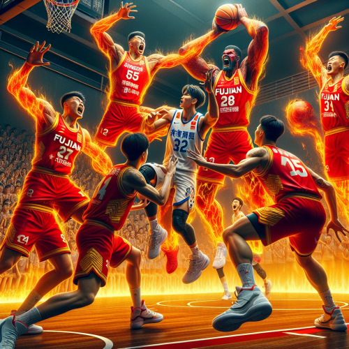 福建男篮主场拼抢进攻篮板，江苏男篮团队篮球寻求禁区突破。