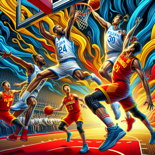 福建男篮主场拼抢进攻篮板，江苏男篮团队篮球寻求禁区突破。